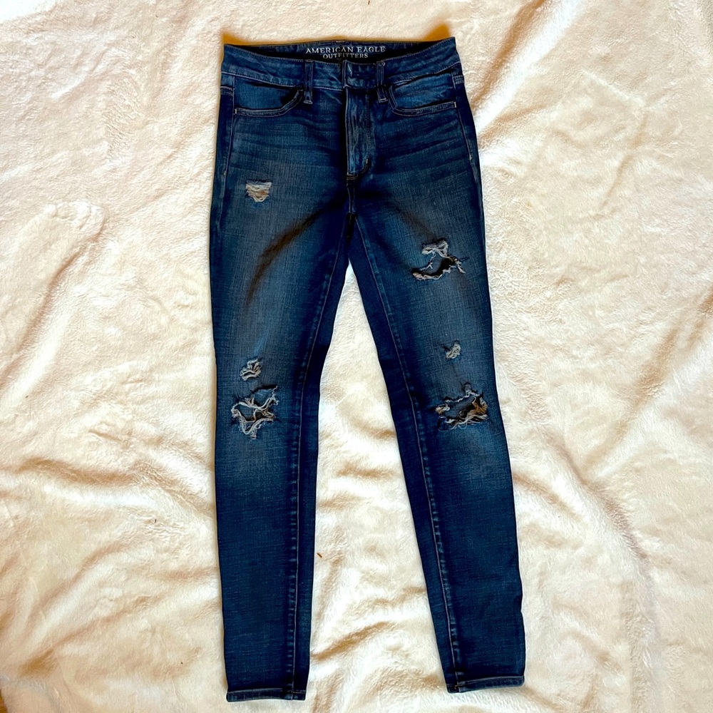 American eagle distressed, skinny, jeggings jeans, dark blue